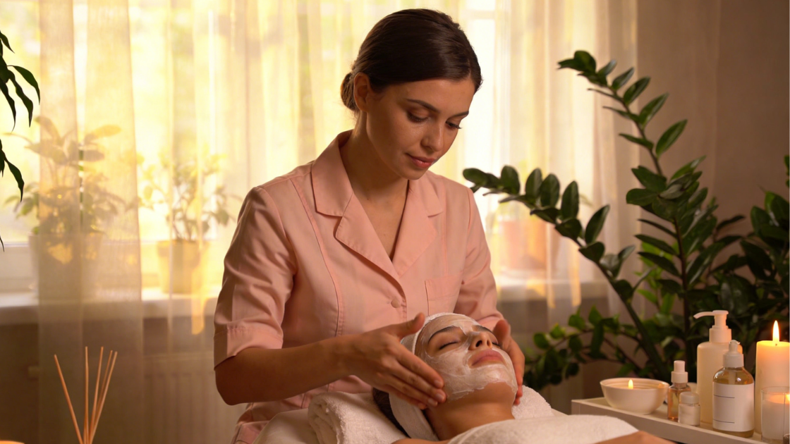 Beauty therapist performing facial treatment